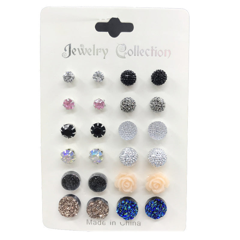12 Pairs Round Rhinestone Crystal Flowers Paper Card Ear Studs