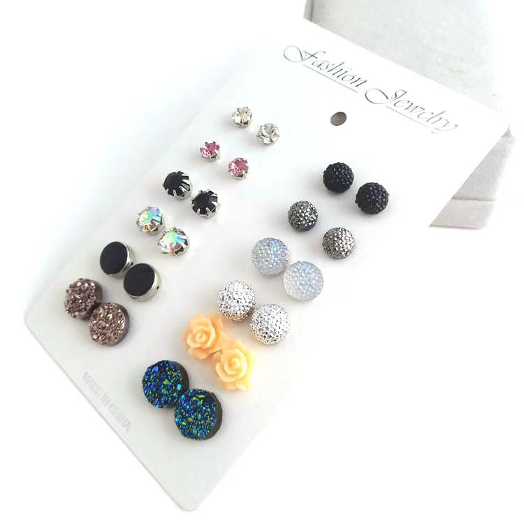 12 Pairs Round Rhinestone Crystal Flowers Paper Card Ear Studs