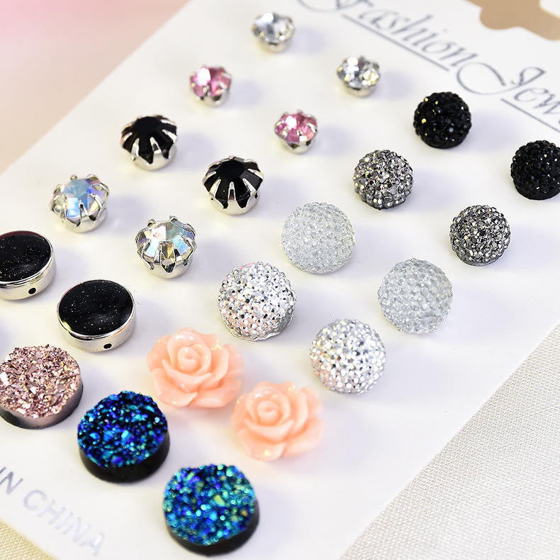 12 Pairs Round Rhinestone Crystal Flowers Paper Card Ear Studs