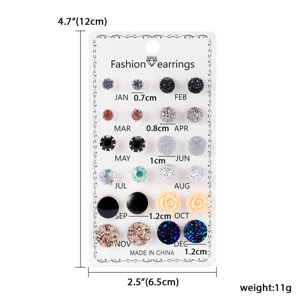 12 Pairs Round Rhinestone Crystal Flowers Paper Card Ear Studs
