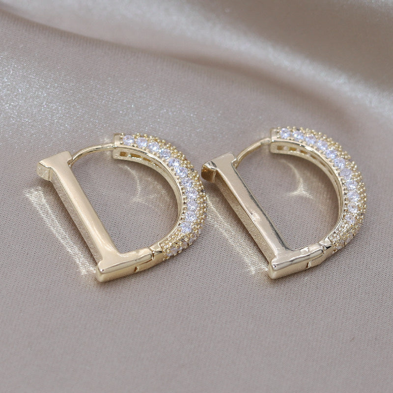Copper Set Zircon Letter D Simple Female Earrings