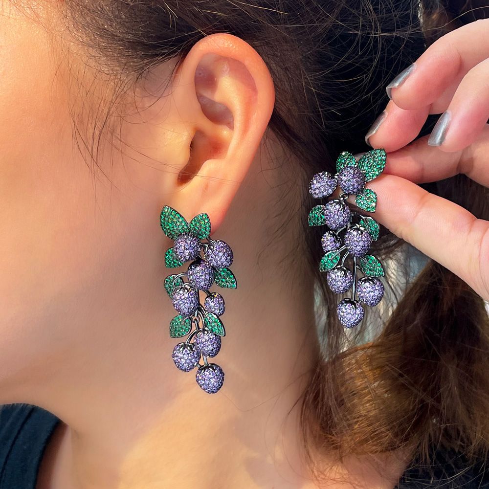 Dark Green Petal Leaf Earring Micro Inlay