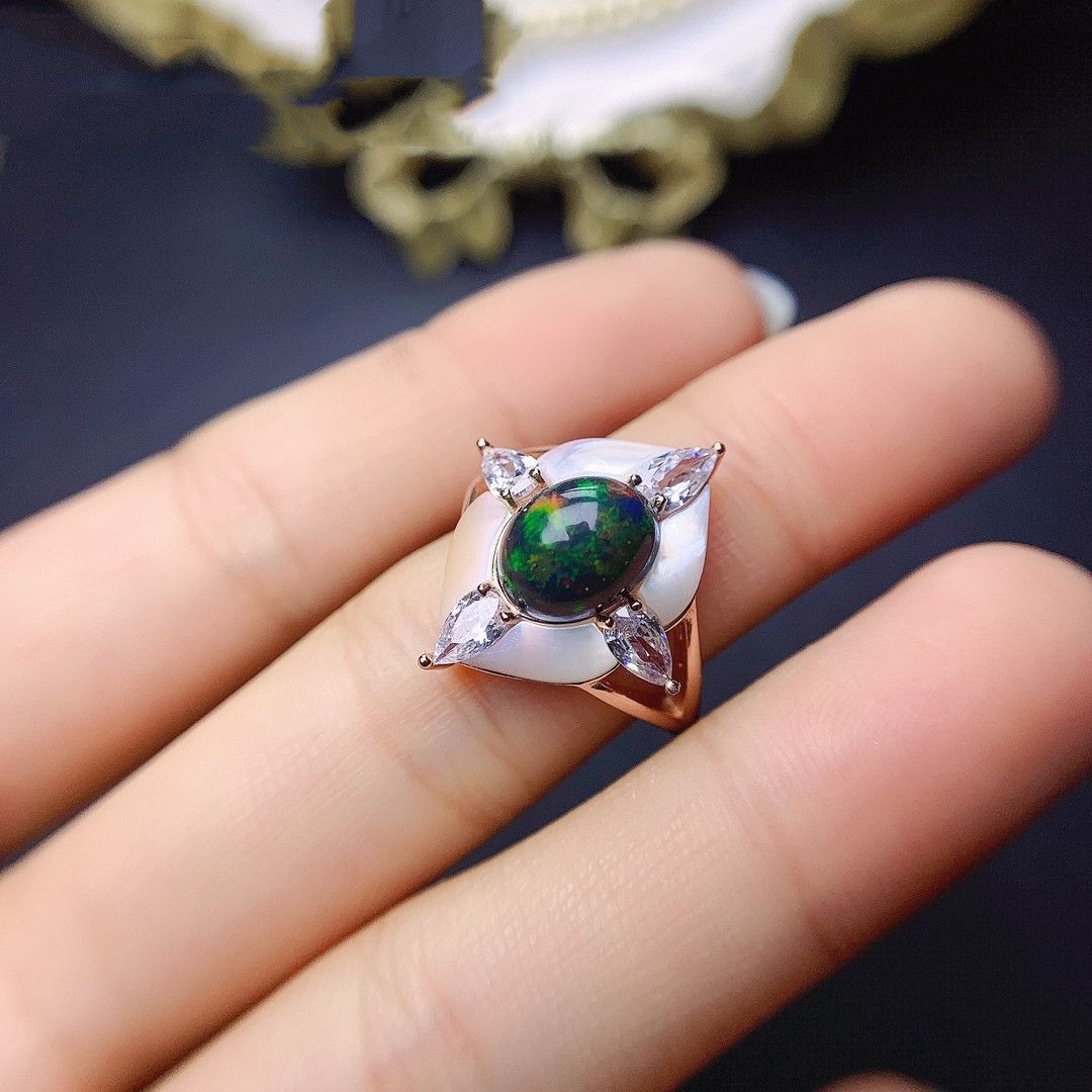 Fashionable Inlaid Natural Black Opal Ring
