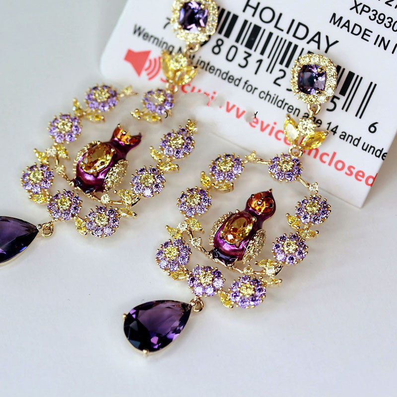 Flower Bird Imported Purple Stones With Diamonds Long Earrings