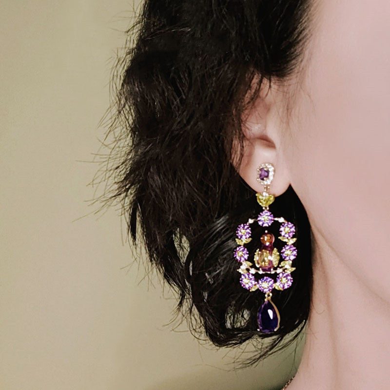 Flower Bird Imported Purple Stones With Diamonds Long Earrings